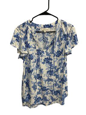 Como Blu Blue White Floral Print Rayon Blouse Size Large Cottagecore Coastal